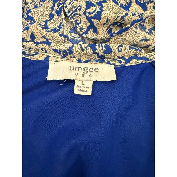 Umgee Blue Boho Shift Dress Open Fringe Sleeves Lined Paisley Print L Fall Boho - Picture 2 of 11